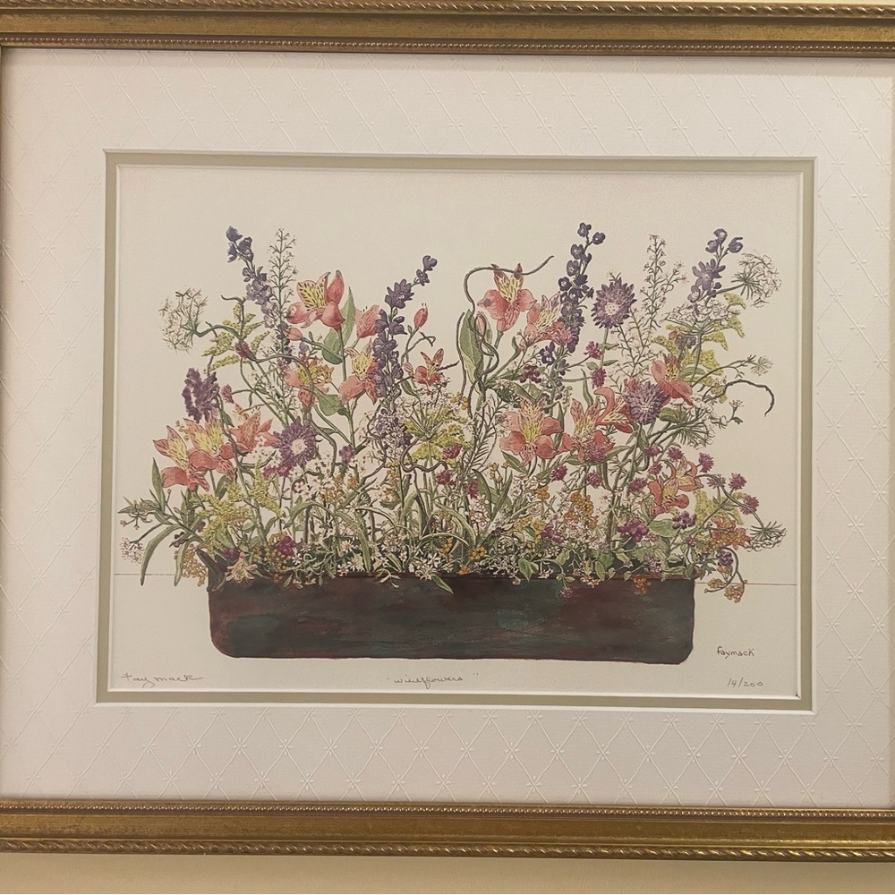 Wildflowers signed/numbered artist Fay Mack watercolor custom frame matted 15x18